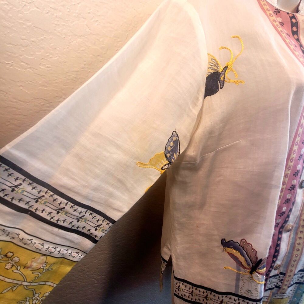CITRON Butterfly Embroidered Tunic - SMALL - Unique Floral Buttertfly- Ramie Lin - Picture 6 of 16
